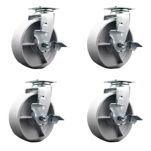 6'' Semi Steel Cast Iron Swivel Caster Set with Bronze Bearings and Brake, 4PK